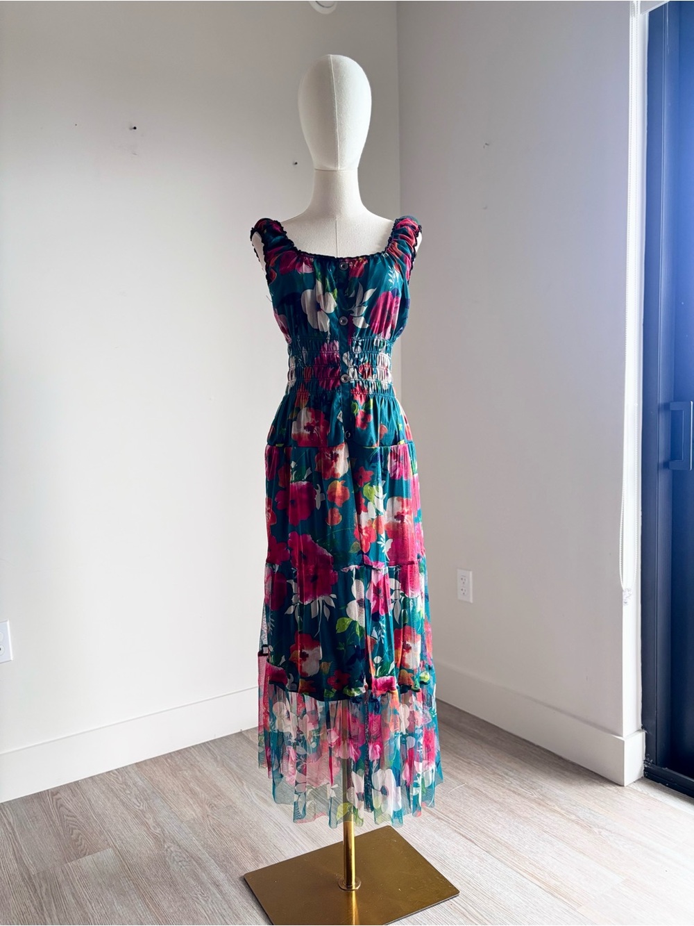 Floral Smocked Maxi Dress in Teal and Pink